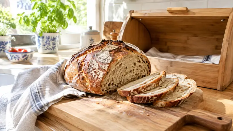 Angeschnittener Sauerteiglaib auf einem Holzbrett neben einem geöffneten Brotkasten