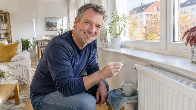 Mann setzt einen Entlüftungsschlüssel am Ventil eines weißen Heizkörpers an, darunter stehen ein Becher und ein Tuch bereit
