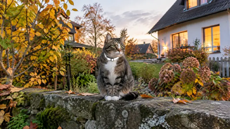 Katze mit reflektierendem Halsband sitzt in der Abenddämmerung auf einer Gartenmauer, dahinter warmes Licht aus einem Haus