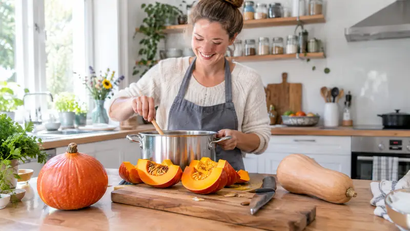 Hokkaido-Kürbis in Spalten mit Schale und ein Butternut-Kürbis, im Hintergrund kocht eine Frau Kürbissuppe am Herd