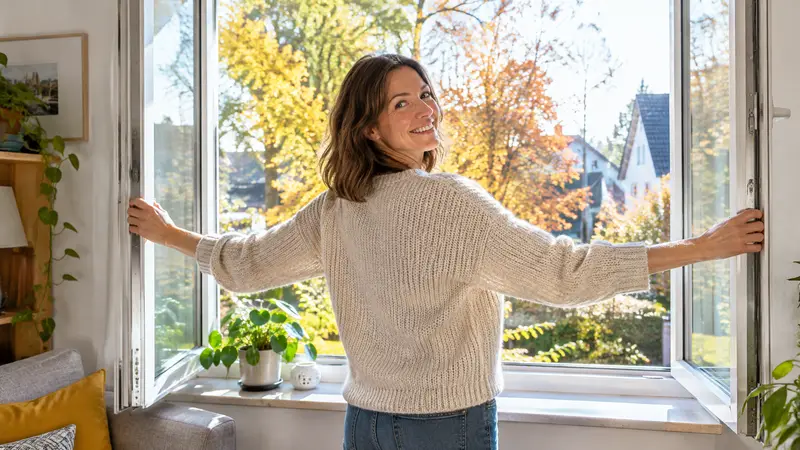 Lächelnde Frau öffnet ein großes Doppelfenster weit, draußen leuchten bunte Herbstbäume in der Sonne