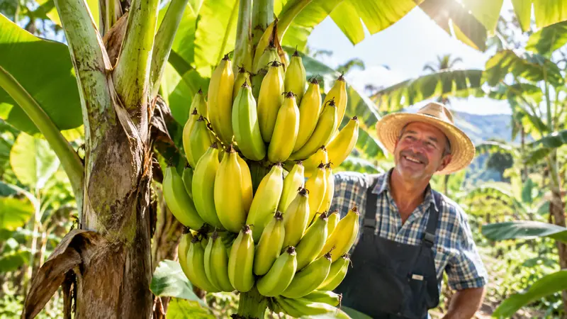 Eine Bananenstaude mit großen grünen Blättern und einem Fruchtstand, dessen grüne Bananen sich deutlich nach oben biegen.