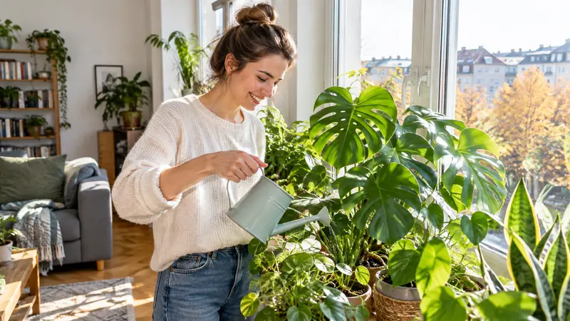 Junge Frau gießt mit einer kleinen Gießkanne eine Monstera und weitere Zimmerpflanzen an einem hellen Fenster